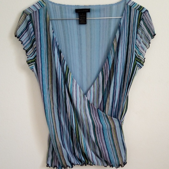 The Limited Tops - 90's Style The Limited Blue Stripe Lettuce Edge Wrap Top S